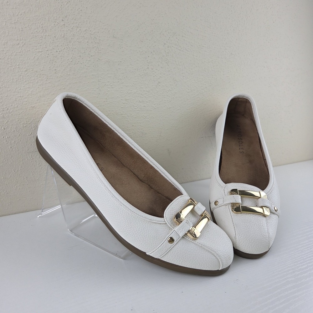 Aerosoles Sherbet Ballet Flats Off White Gold Buckle Comfort Shoes Womens Sz 8 M - Picture 2 of 12